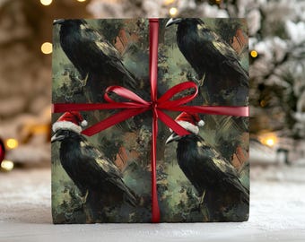 Raven Gothic Christmas Wrapping Paper, Spooky Christmas Crow Wrapping Papers, Xmas Crow With A Santa Hat Gift Wrap, Xmas Bird Gift Wrap