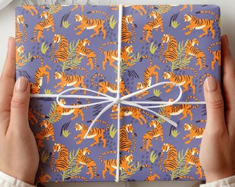 Retro Hand Drawn Tigers Wrapping Papers, Tiger And Tropical Plants Gift Wrap, Nature Lover Gifts, Safari Gift Wrap, Jungle Wrapping Paper
