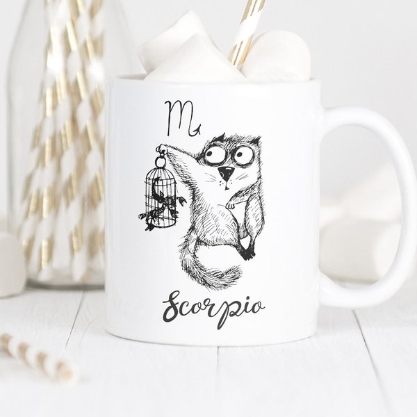 Scorpio Zodiac Mug, Cat Zodiac Coffee Cup, Scorpio Star Sign Gift, Scorpio Horoscope, Cat Lover Gift, Funny Astrology Gift Cat Mug