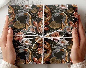 Papeles de regalo con bordado vintage de peces koi y nenúfares, papel de regalo con motivos de peces koi, papel de regalo zen japonés, elegante papel de regalo asiático.