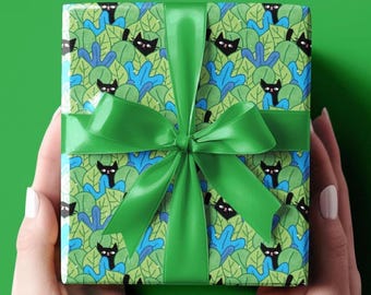 Funny Cartoon Black Cat And Leaf Wrapping Papers, Funny Cat Gift Wrap, Birthday Wrapping Paper, Cat Wrapping Paper Sheets For Cat Lovers