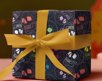 Neon Skulls Wrapping Papers, Skeleton Wrapping Paper, Horror Skull Gift Wrap, Halloween Gift Wrap, Premium Gift Wrap, Scary Holiday Gifts