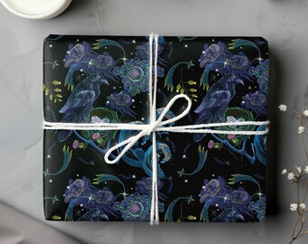 Gothic Raven Wrapping Papers, Sea Waves And Bird Nest With Eggs Gift Wrap, Embroidery Crow Wrapping Paper Roll, Fairy Tale Gift Wrap For Her