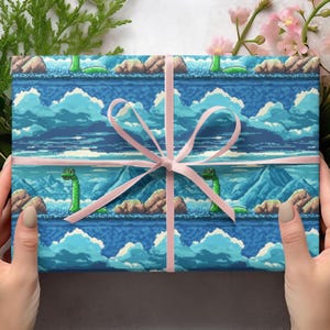 8-Bit Loch Ness Monster Wrapping Papers, Video Game Wrapping Paper, Retro Video Game Gift Wrap, Funny Cryptid Meme Wrapping Papers, Gag Gift