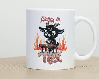 Living In Hell Mug, Cute Baphomet Mug, Cartoon Demon Mug, Funny Devil Mug, Gag Gift For Her, Funny Demon Cup, Funny Devil Cup, Meme Mug