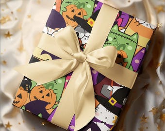 Kawaii Katzen-Halloween-Geschenkpapier, Katzen-Geschenkpapier, lustiges Halloween-Geschenkpapier, Zombie-Katzengeschenkpapier, Hexenkatzen-Geschenkpapier