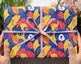Papéis de embrulho com ursinhos fofos, papel de embrulho com ursinhos de pelúcia para crianças, papéis de embrulho com animais florais, papel de embrulho com arte de ursos excêntricos, presentes de aniversário exclusivos