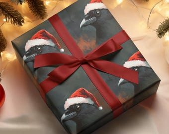 Christmas Crow Wrapping Papers, Raven Gothic Christmas Wrapping Paper, Xmas Crow With A Santa Hat Gift Wrap, Bird Holiday Art Gift Wrap