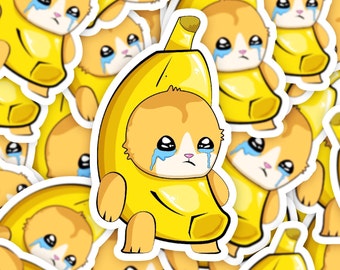 Pegatina de gato plátano, pegatina de meme de gato, arte de gato triste, pegatina de gatito lindo, regalo de meme, pegatina de meme animal, pegatina de computadora portátil, pegatina de gato llorando