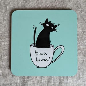 Funny Cat Coaster, Tea Coaster, Cute Cat Gift, Funny Black Cat Art, Kitten Coaster, Cork Back Coaster, Unique Coasters, Gift For Cat Lovers