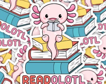 レディオロートル ステッカー、面白い図書館ステッカー、読書好きへのギフト、アホロートル 本好きへのステッカー、司書へのギフト、本好きへのギフト、かわいいアホロートル ステッカー