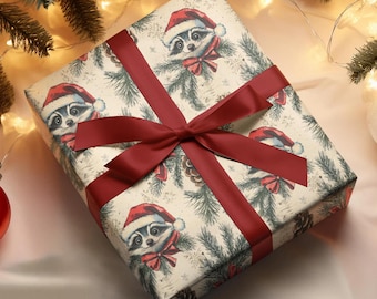 Vintage Raccon Wrapping Papers, Christmas Tree Gift Wrap, Animal Xmas Wrapping Paper, Cute Vintage Wrapping Paper Roll, Funny Raccoon Gift