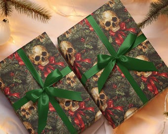 Christmas Skeleton Wrapping Papers, Horror Xmas Gift Wrap, Christmas Skull Gift Wrap, Spooky Skull Holiday Themed Gift Wrap, Haunted Xmas