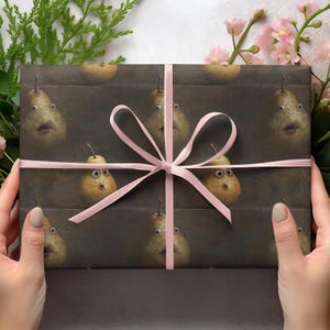 Papéis de embrulho engraçados com peras, embrulhos para presente da temporada de peras, embrulhos para presente para amantes de frutas, papéis de embrulho com arte em frutas, embrulhos para presente com memes, presentes de aniversário engraçados