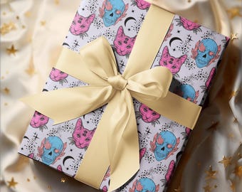 Four Eyed Cat And Skulls Wrapping Papers, Dark Gothic Alchemy Gift Wrap, Horror Cat Gift Wrap, Spooky Gothic Gift Wrap, Halloween Gift Wrap