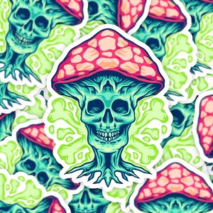 Horror Schädel Pilz Aufkleber, Pilz Skelett Halloween Aufkleber, Gruselige Schädel Aufkleber, Fliegenpilz Aufkleber, Laptop Aufkleber, Gag Geschenk