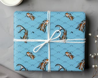 Papel de regalo japonés con carpas koi, papel de regalo con peces koi, papel de regalo oriental con olas y carpas koi, rollo de papel de regalo asiático con peces para regalos de cumpleaños