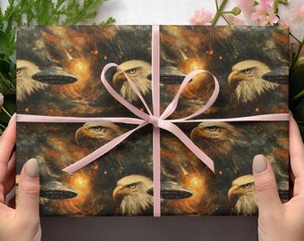 Carta da regalo con aquila calva e UFO, carta da regalo divertente con UFO, carta da regalo con meme di uccelli, regali divertenti, carta da regalo con alieni, carta da regalo divertente con tema spaziale