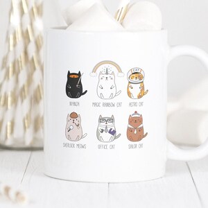 Funny Kawaii Cats Mug, White Ceramic Kitty Mugs, Cat Lover Cup, Ninja, Unicorn, Astronaut, Detective, Office worker, Sailor Feline