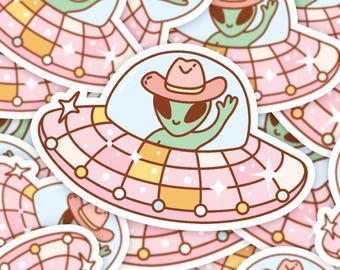 Retro cowboy ufo sticker, sticker disco alien, alien cowboy cadeau, schattige ruimte sticker, laptop sticker, sticker alien ruimteschip, retro sticker