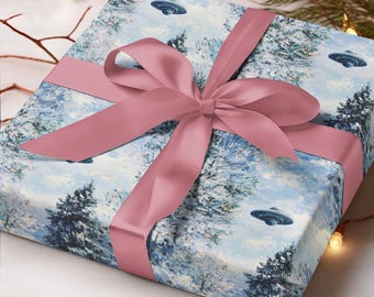 UFO Winter Wonderland Wrapping Papers, Christmas UFO Art Gift Wrap, Flying Saucers Over Snowy Forest Wrapping Paper, Alien Xmas Gift Wrap