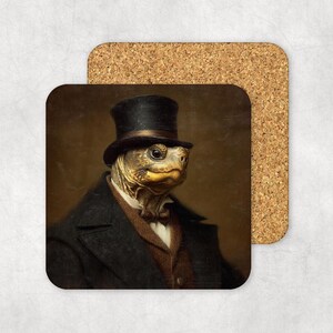 Victorian Turtle Coaster, Funny Tortoise Cork Back Coaster, Whimsy Goth Home Decor Gifts, Dark Academia Turtle Painting Coasters, Gag Gifts