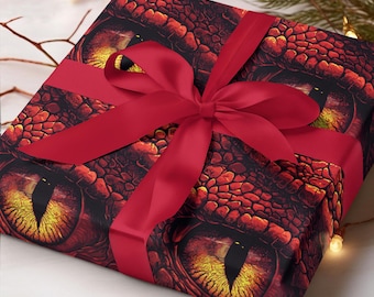 Papier do pakowania prezentów z motywem czerwonego oka smoka, prezent dla entuzjasty fantasy, prezent dla miłośnika smoków, papier do pakowania prezentów ze smokami, zabawne prezenty fantasy, fajny prezent z motywem smoka