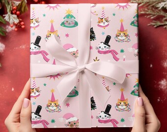 Niedliche Karikatur-Weihnachtskatzen-Geschenkpapier, lustige Weihnachtskatzen-Geschenkverpackung, niedliche Feiertags-Geschenkverpackung für Kinder, Katzenliebhaber-Geschenke, Kätzchen-Geschenkverpackung