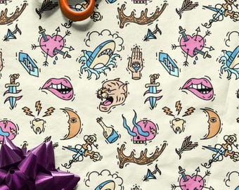 Old School Tattoo Wrapping Papers, Tradition Retro Tattoo Gift Wrap, Tattoo Shark Wrapping Papers, Funny Puma Gift Wrap, Tattoo Lover Gifts