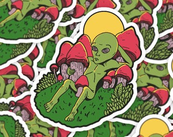 Trippy Alien Stickers, Funny Psychedelic Stickers, UFO Sticker, Alien And Mushroom Sticker, Alien Meme Sticker, Gag Gift, Funny Sticker