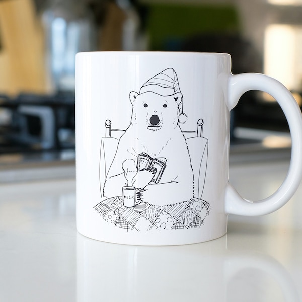 Cute Polar Bear In Bed Mug, Funny Bear Mug, Polar Bear Gifts, Funny Animal Lover Mug Gift, Polar Bear Basket Ideas, Animal Humor Art Mug