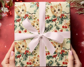 Vintage Katze Weihnachtspapiere, Feiertags-Katzen-Geschenkverpackung, Kätzchen-Geschenkpapier, niedliches Kätzchen Vintage Weihnachtsgeschenkverpackung, Geschenke für Katzenliebhaber