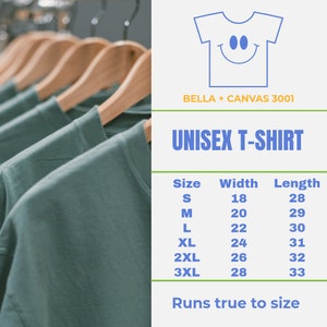 Puede incluir: Una tabla de tallas para una camiseta unisex de Bella + Canvas 3001. La tabla muestra las medidas de ancho y largo en pulgadas para las tallas S, M, L, XL, 2XL y 3XL. El texto "Runs true to size" est&aacute; en la parte inferior de la tabla.