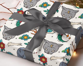 Old School Tattoo Wrapping Papers, Tradition Retro Tattoo Gift Wrap, Vintage Raven Wrapping Papers, Gothic Cat Gift Wrap, Tattoo Lover Gifts