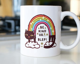 Kawaii Regenbogen Katze Becher, süßes schwarzes Kätzchen Becher, Cartoon Chibi Kätzchen Tasse, Katzenliebhaber Geschenk, Freundlichkeitsbecher, Geschenk für psychische Gesundheit, lustige Katzenbecher