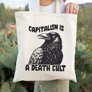 Vintage Capitalism Is A Death Cult Tote Bag, Funny Crow Tote Bag, Anti-Capitalist Activist Gift, Retro Capitalism Tote Bag, Horror Gift