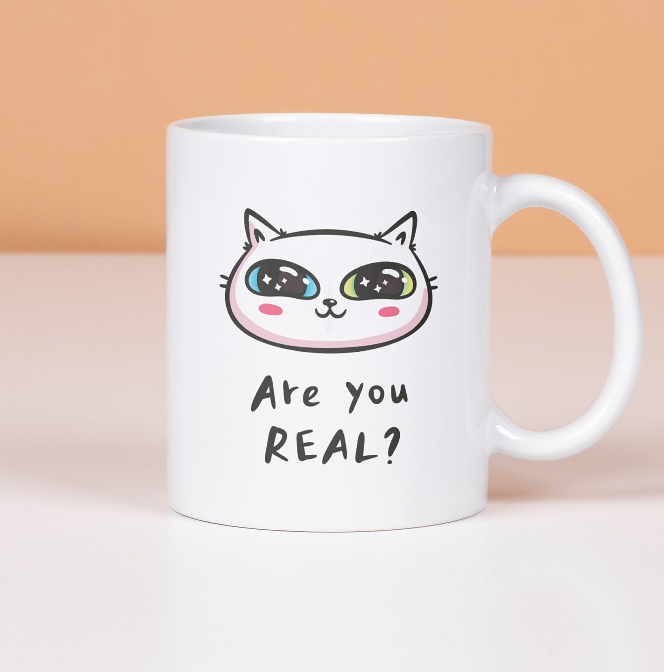 Strange Kawaii Cat Mug, Are You Real? Mug, White Ceramic Kitten Mug, Cat Lover Cup, Crazy Cat Lady Mug, Cute Gift, Cartoon Cat Mug