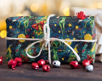 Alien Weihnachtsgeschenkpapier, Feiertagsmem Alien, UFO-Geschenkpapier, Claude Monet-Stil, lustiges Weihnachtsgeschenk