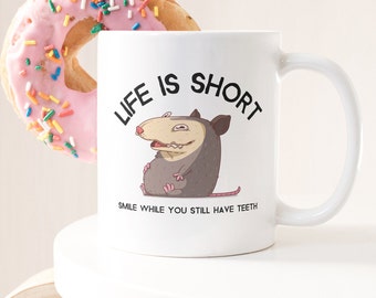 Divertente tazza di opossum, la vita è un sorriso breve mentre hai ancora i denti, regalo di meme di opossum, tazza con citazione divertente, regalo per un amico, tazza di tè con animali