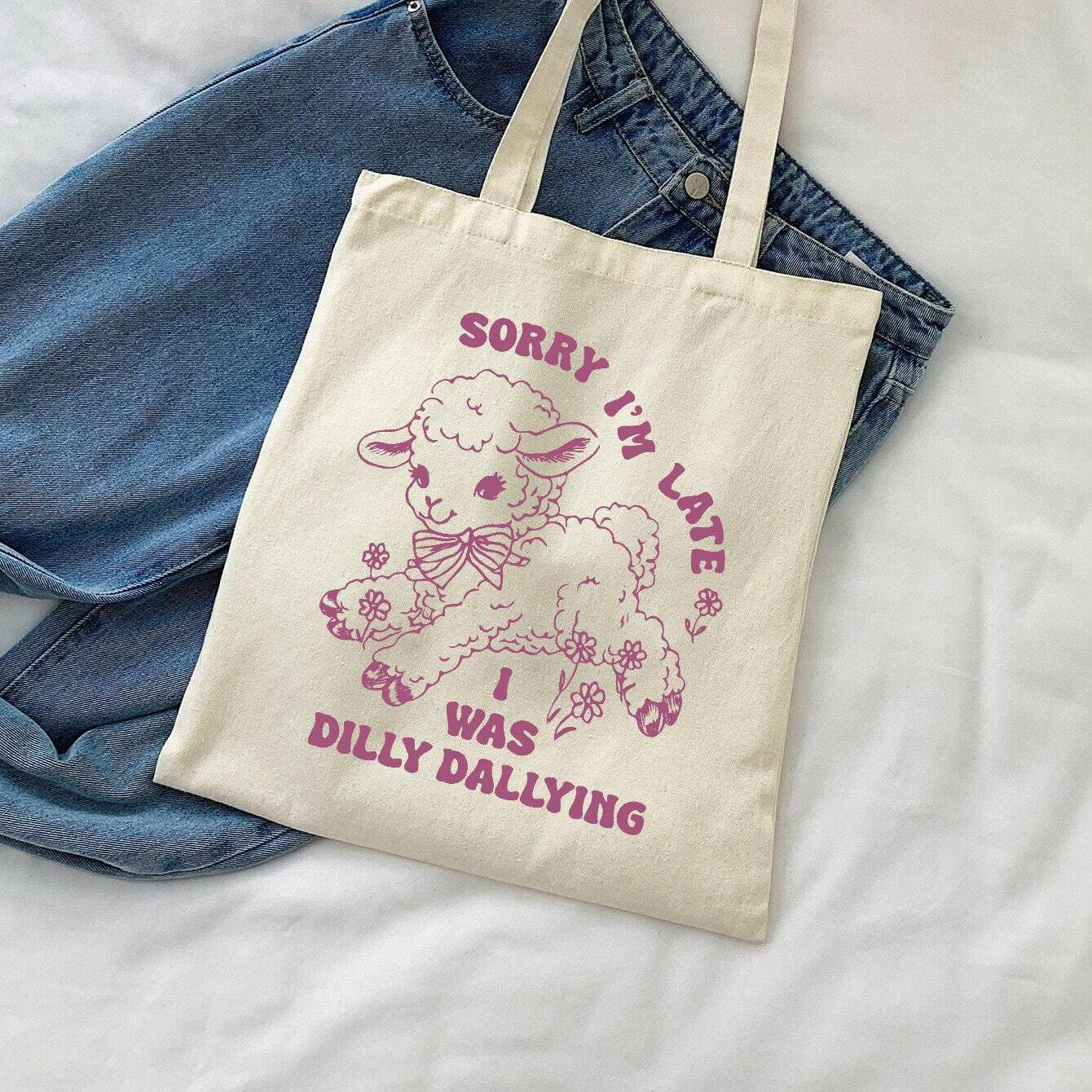 Sorry I'm Late I Was Dilly Dallying Tote Bag, Vintage 1950s Baby Lamb Sheep Tote Bag, Animal Meme Tote Bag, Funny Animal Tote Bag, Gag Gift