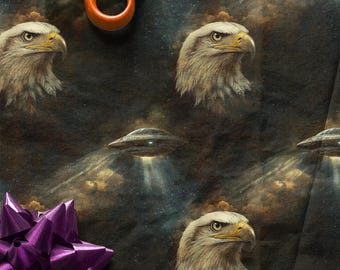 Carta da regalo con aquila calva e UFO, carta da regalo divertente con UFO, carta da regalo con meme di uccelli, regali divertenti, carta da regalo con alieni, carta da regalo divertente con tema spaziale