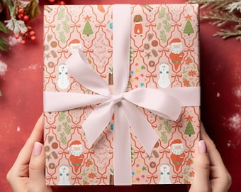 Papel de regalo con lazo navideño rosa, papel de regalo de Papá Noel, papel de regalo de galletas de jengibre, papel de regalo navideño retro para niños.