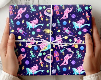 Papeles de regalo con diseño de pixel art, papel de regalo divertido de 8 bits para gamers, papel de regalo de astronautas, papel de regalo de cosmonautas sobre ballenas, papel de regalo de extraterrestres