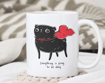 Söt svart mopsmugg, allt kommer att bli bra kopp, mopsälskarepresent, mops-kaffemugg, superhjältemopshundägarepresent, rolig hundmugg