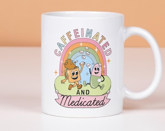 Mok cafeïnehoudende en medicinale, grappige mok geestelijke gezondheid, leuke retro groovy beker, mok antidepressivum, propcadeau, mok depressie en angst