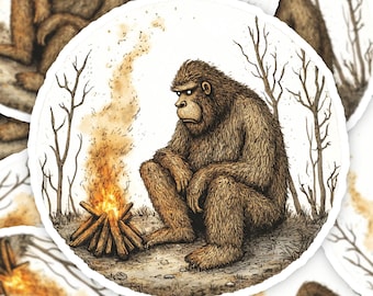 Watercolor Bigfoot Sticker, Sasquatch Stickers, Bigfoot Gifts, Laptop Sticker, Bigfoot Campfire Sticker, Funny Nature Stickers, Meme Sticker