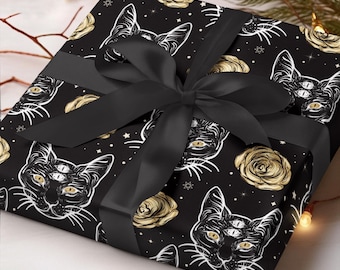 Celestial Gothic Cat Wrapping Papers, Four Eyed Black Cat And Roses Gift Wrap, Spooky Halloween Wrapping Paper, Funny Cat Lover Gift For Her