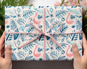 Flowers And Flamingo Wrapping Papers, Hand Drawn Palm Leaves, Tropic Forest Wrapping Papers, Nature Lover Gifts, Bird Wrapping Papers Gift
