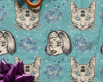 Dark Witchy Wrapping Papers, Gothic Cat And Roses Wrapping Papers, Demon Cat Gift Wrap, Halloween Wrapping Papers, Tattoo Art Gift Wrap