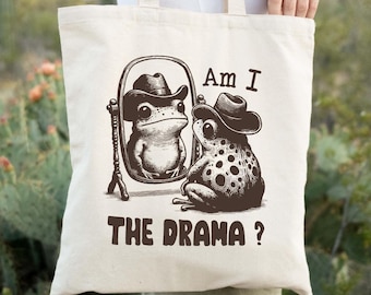 Cowboy Frog Tote Bag, Am I The Drama Tote Bag, Retro Mental Health Totes, Country Tote Bag, Western Tote Bag, Meme Tote Bag, Funny Tote Bag